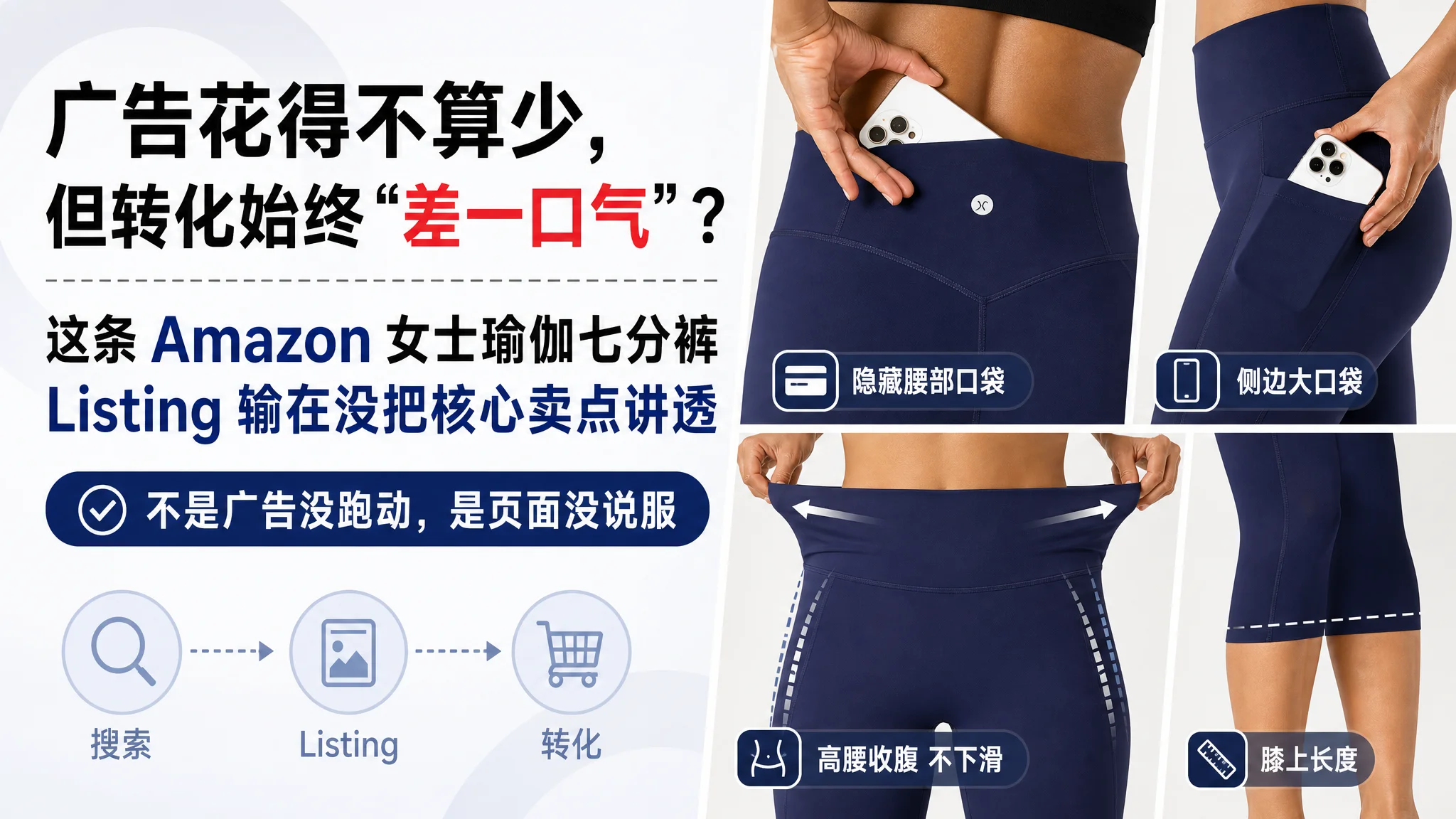 广告花得不算少，但转化始终“差一口气”？这条 Amazon 女士瑜伽七分裤 Listing 输在没把核心卖点讲透