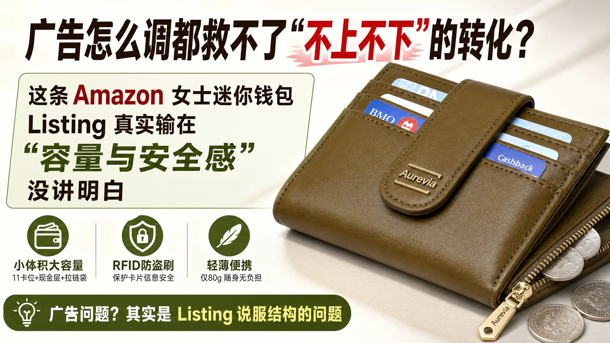 广告怎么调都救不了“不上不下”的转化？这条 Amazon 女士迷你钱包 Listing 真实输在“容量与安全感”没讲明白