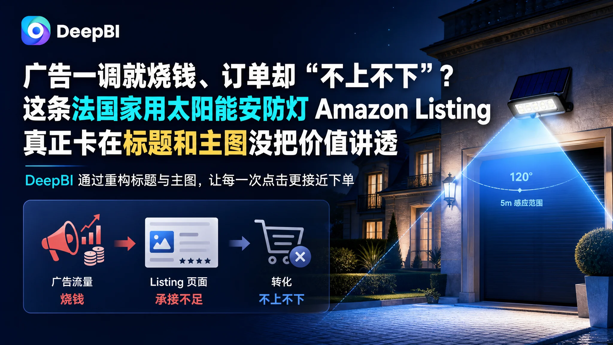 广告一调就烧钱、订单却“不上不下”？这条法国家用太阳能安防灯 Amazon Listing 真正卡在标题和主图没把价值讲透