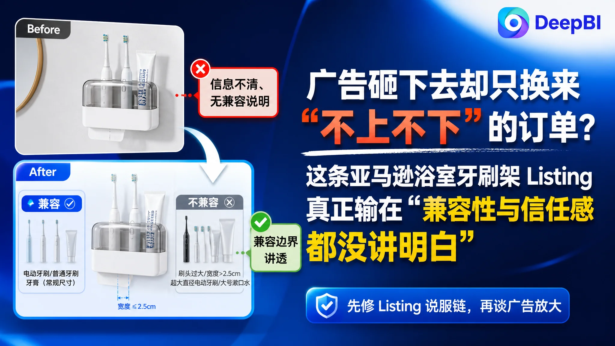 广告砸下去却只换来“不上不下”的订单？这条亚马逊浴室牙刷架 Listing 真正输在“兼容性与信任感都没讲明白”