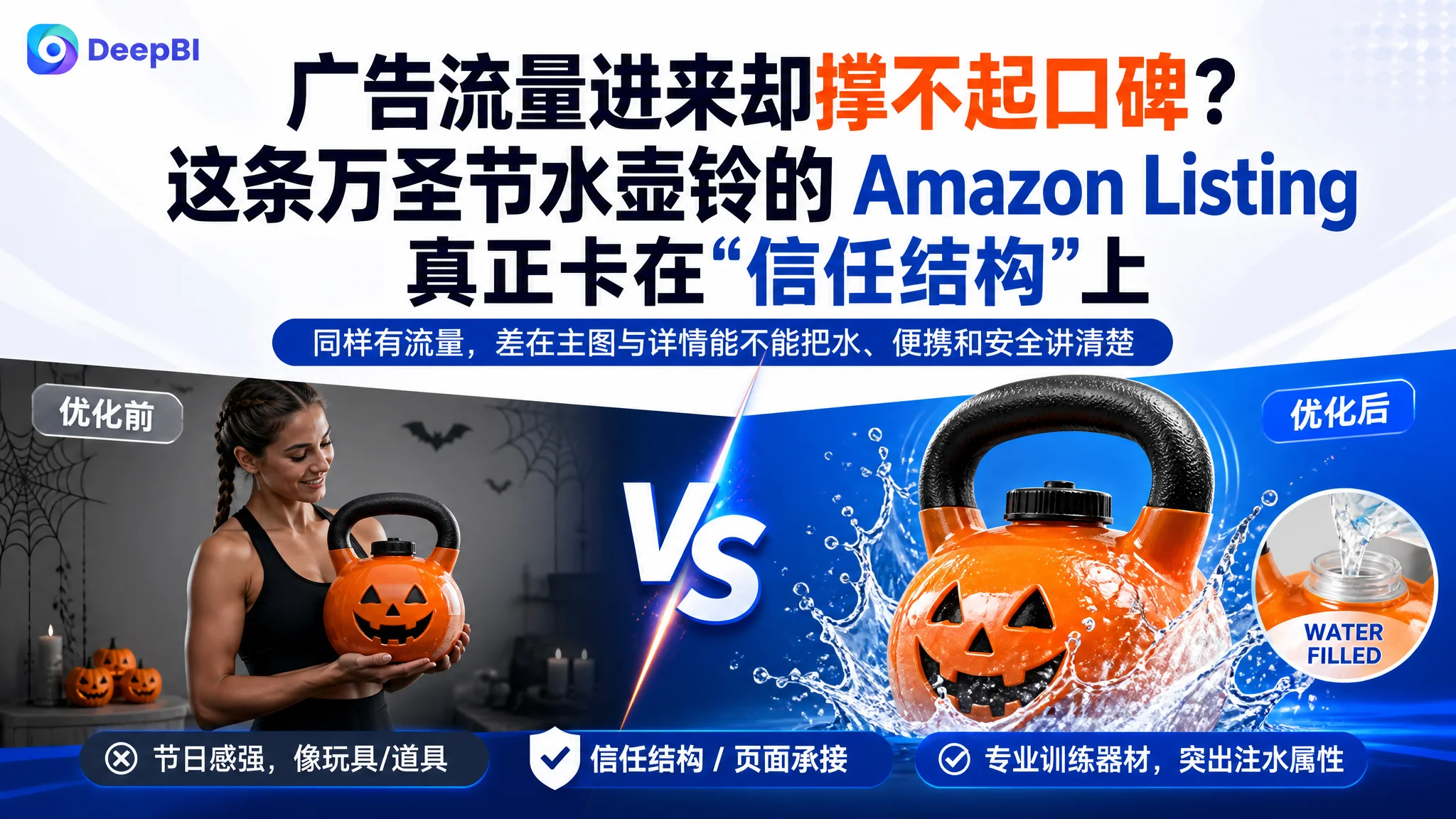 广告流量进来却撑不起口碑？这条万圣节水壶铃的 Amazon Listing 真正卡在“信任结构”上