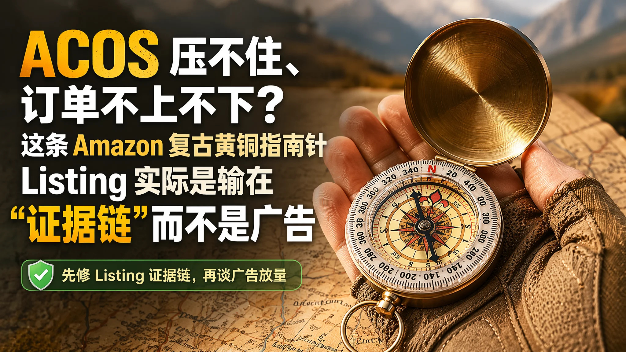 ACOS 压不住、订单不上不下？这条 Amazon 复古黄铜指南针 Listing 实际是输在“证据链”而不是广告