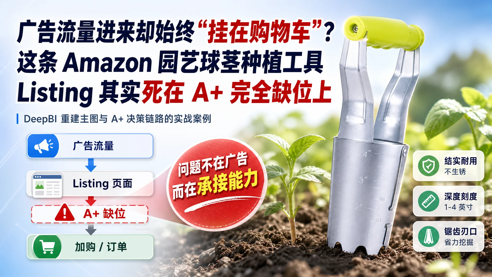 广告流量进来却始终“挂在购物车”？这条 Amazon 园艺球茎种植工具 Listing 其实死在 A+ 完全缺位上