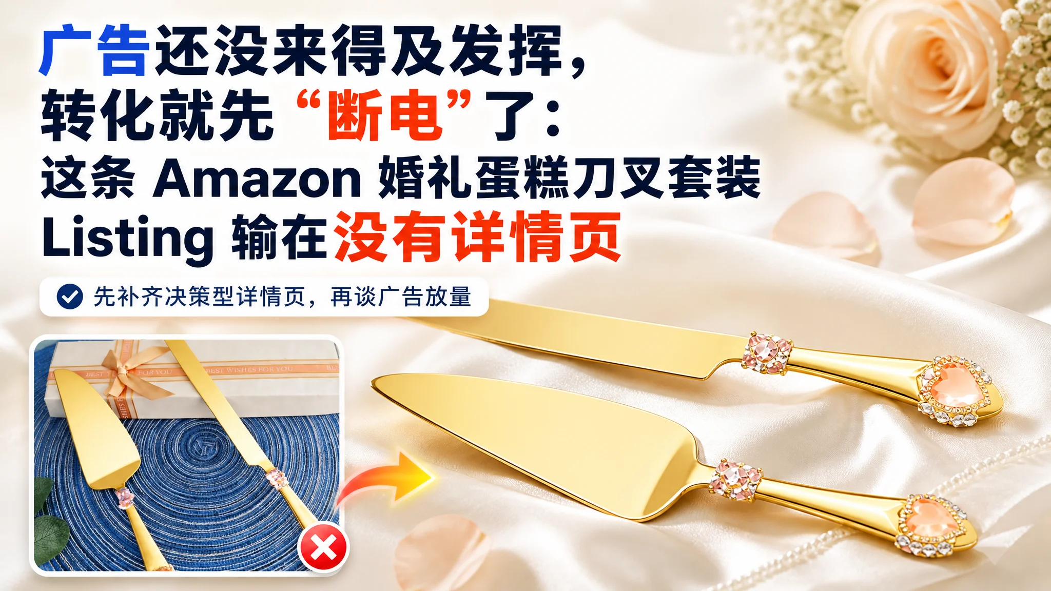 广告还没来得及发挥，转化就先“断电”了：这条 Amazon 婚礼蛋糕刀叉套装 Listing 输在没有详情页