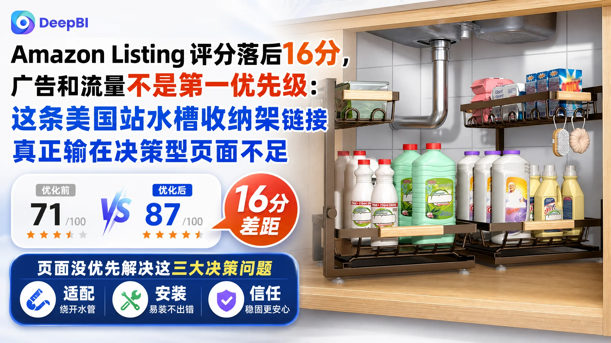 Amazon Listing 评分落后16分，广告和流量不是第一优先级：这条美国站水槽收纳架链接真正输在决策型页面不足