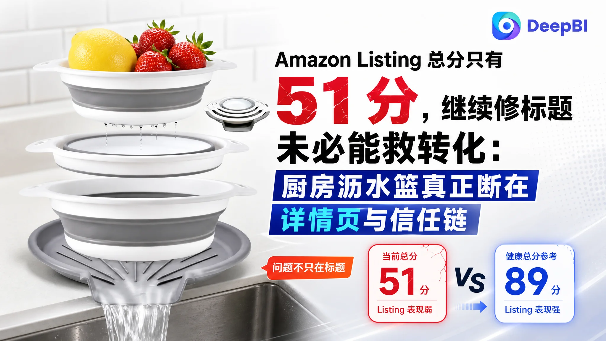 Amazon Listing 总分只有 51 分，继续修标题未必能救转化：厨房沥水篮真正断在详情页与信任链