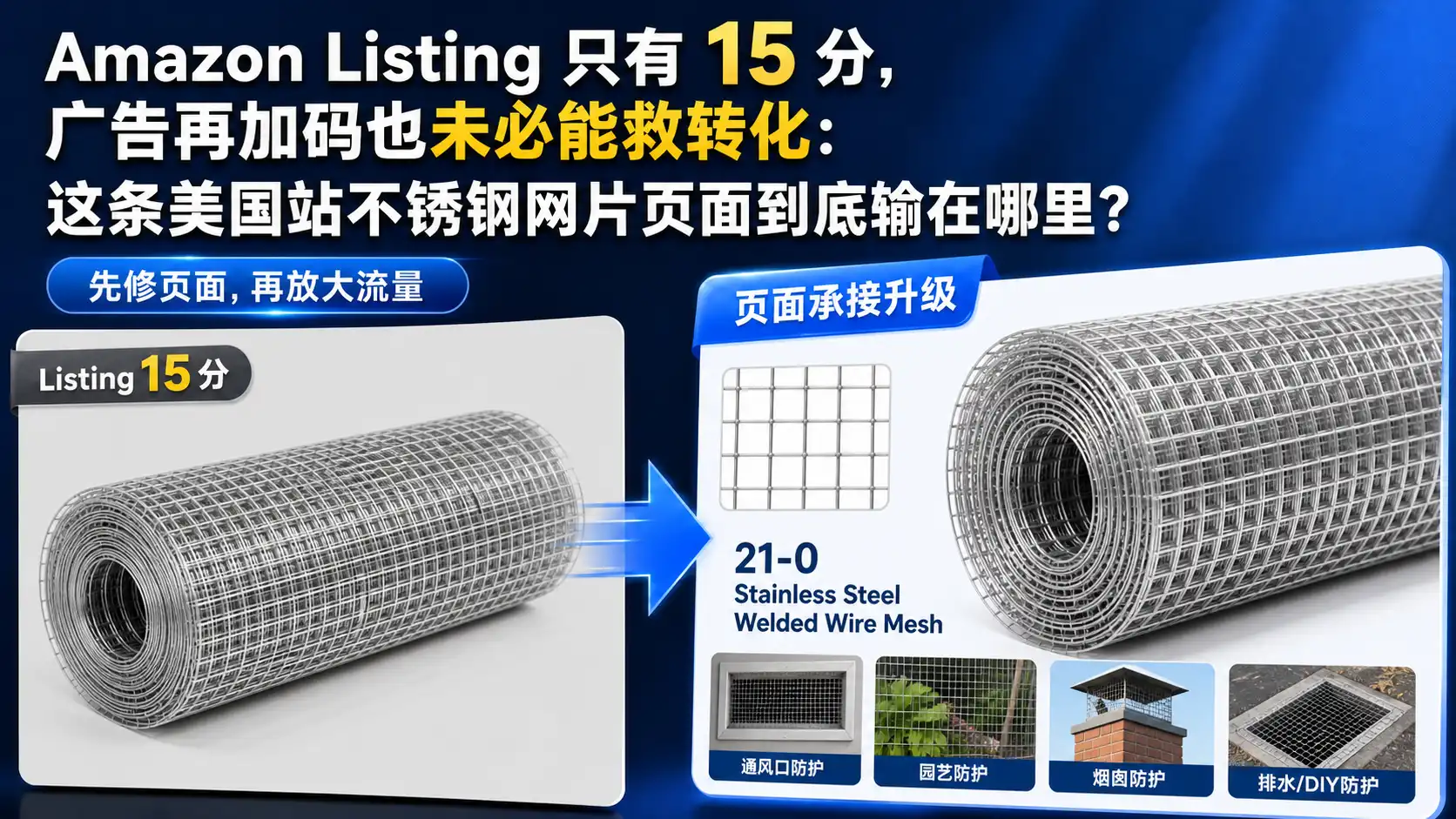 Amazon Listing 只有 15 分，广告再加码也未必能救转化：这条美国站不锈钢网片页面到底输在哪里？
