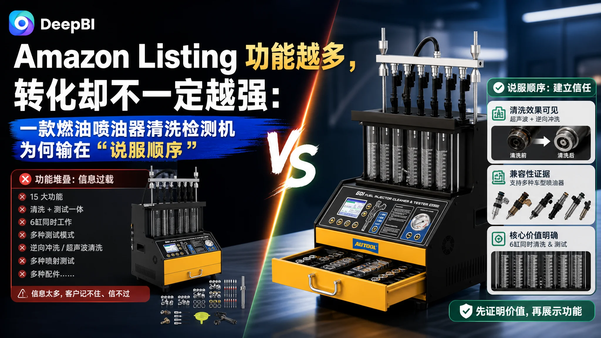 Amazon Listing 功能越多，转化却不一定越强：一款燃油喷油器清洗检测机为何输在“说服顺序”