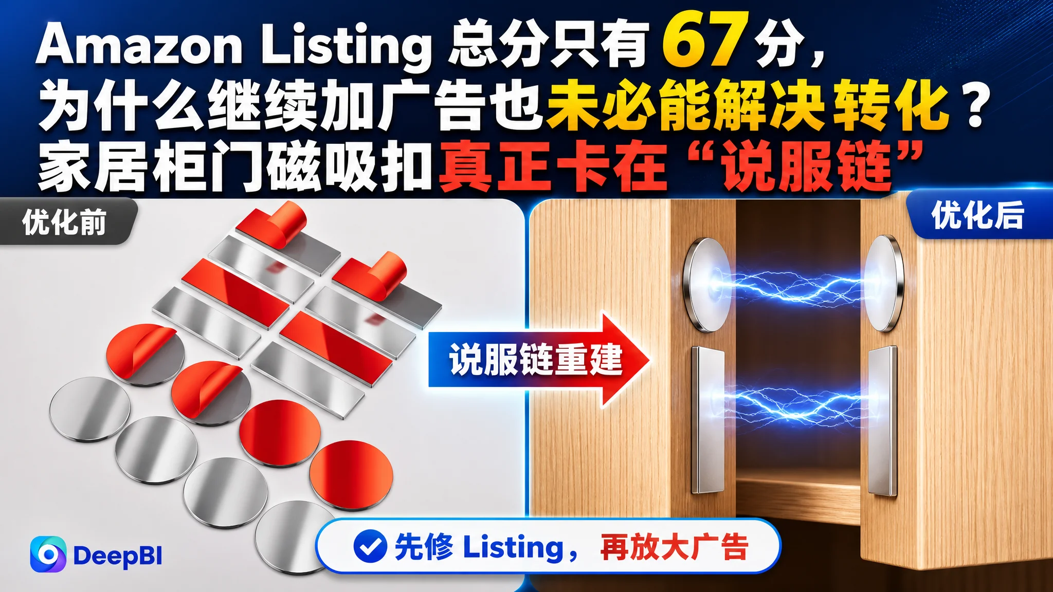 亚马逊Amazon Listing 总分只有 67 分，为什么继续加广告也未必能解决转化？家居柜门磁吸扣真正卡在“说服链”