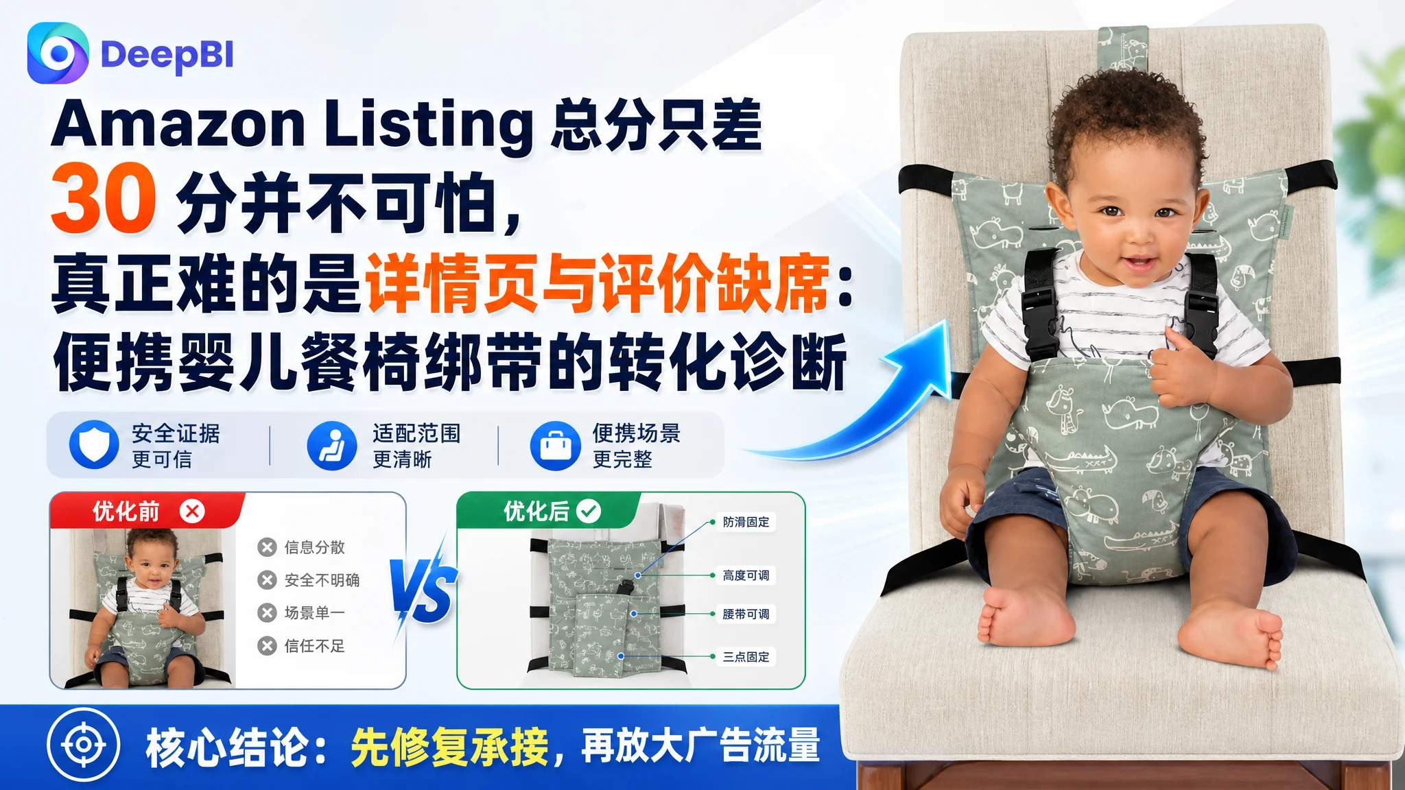 亚马逊Amazon Listing 总分只差 30 分并不可怕，真正难的是详情页与评价缺席：便携婴儿餐椅绑带的转化诊断