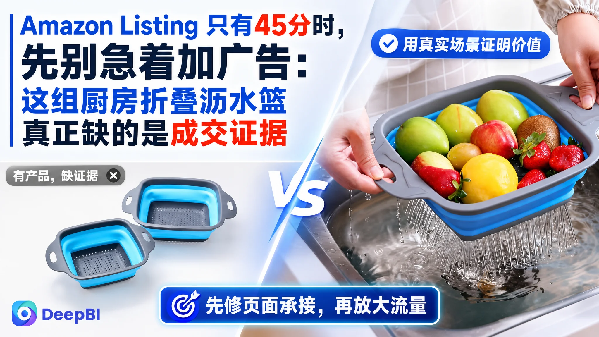 亚马逊Amazon Listing 只有45分时，先别急着加广告：这组厨房折叠沥水篮真正缺的是成交证据