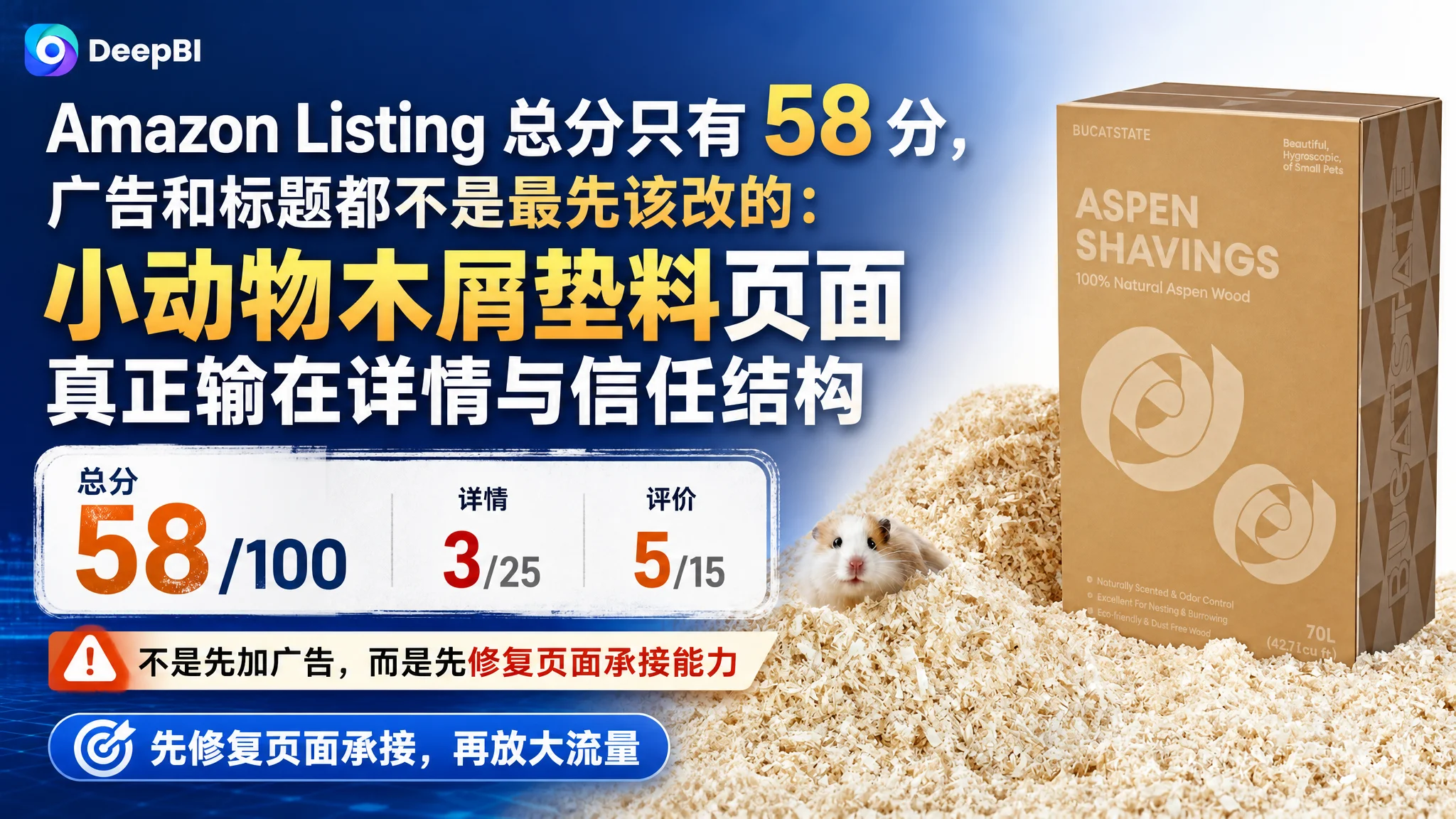 亚马逊Amazon Listing 总分只有 58 分，广告和标题都不是最先该改的：小动物木屑垫料页面真正输在详情与信任结构