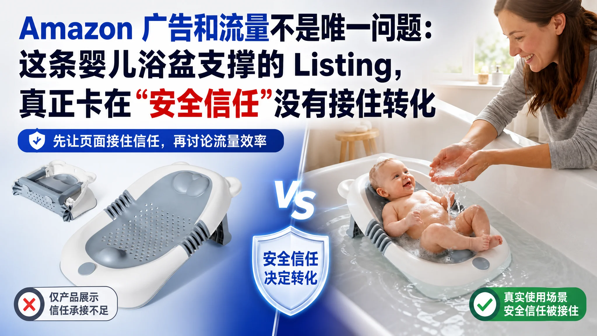亚马逊Amazon 广告和流量不是唯一问题：这条婴儿浴盆支撑的 Listing，真正卡在“安全信任”没有接住转化