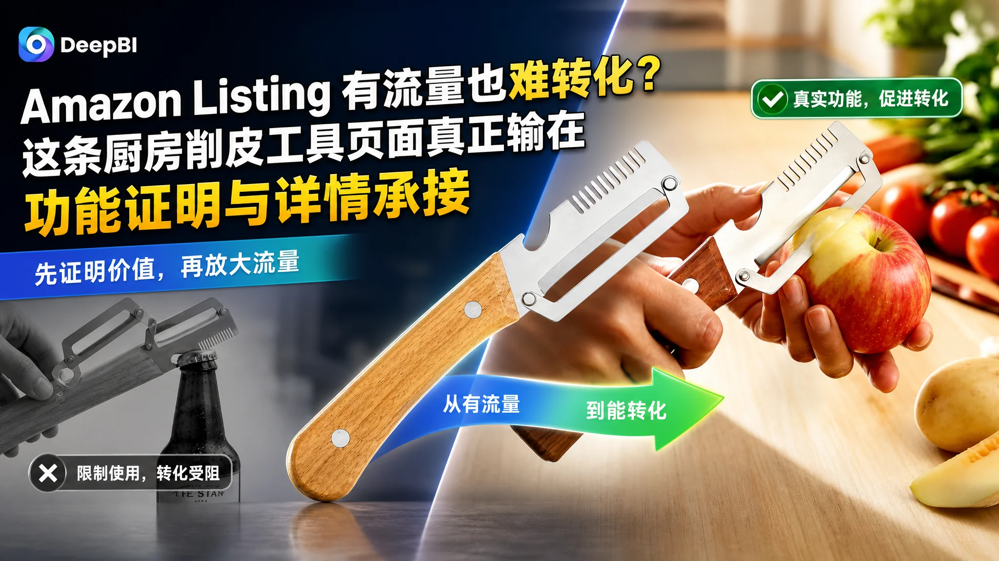 亚马逊Amazon Listing 有流量也难转化？这条厨房削皮工具页面真正输在功能证明与详情承接