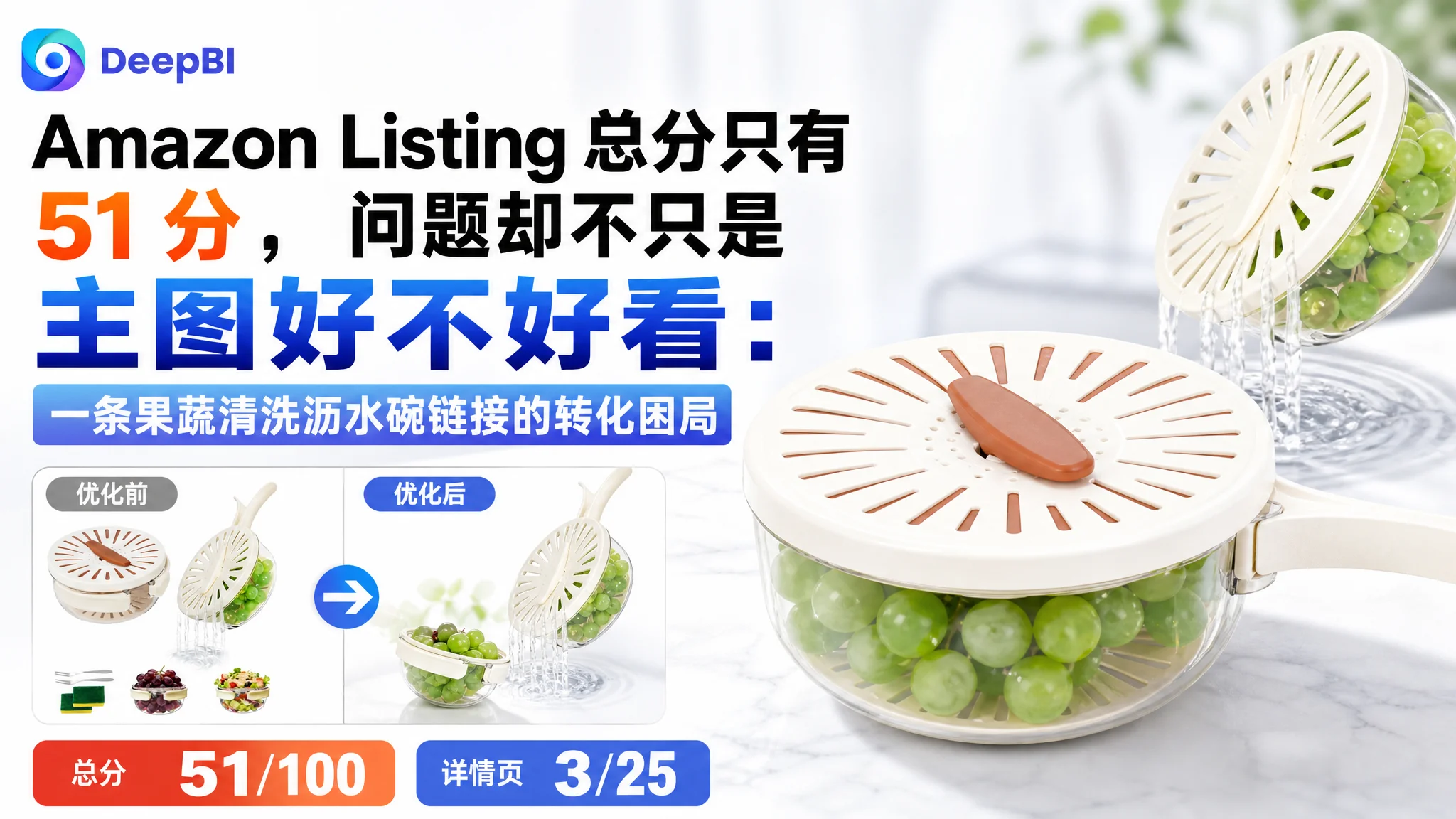 亚马逊Amazon Listing 总分只有 51 分，问题却不只是主图好不好看：一条果蔬清洗沥水碗链接的转化困局